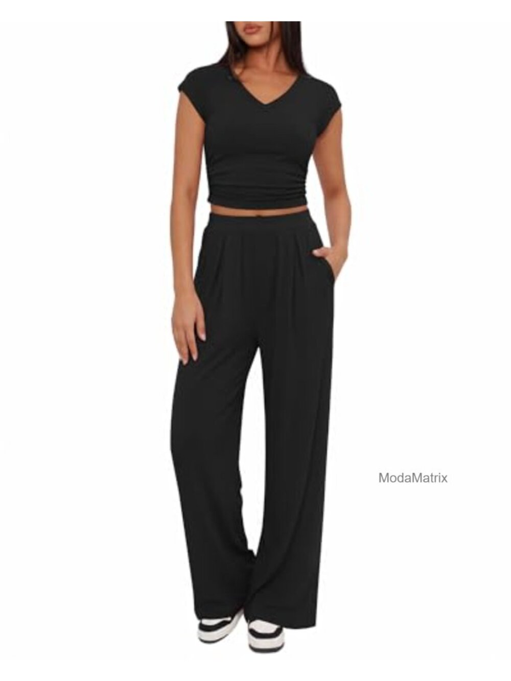 Women's Rib Knit 2 Piece Lounge Set Cap Sleeve Ruched Top Wide Leg Pants